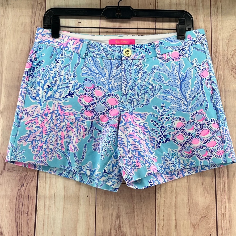 Lilly Pulitzer Shorts Coral Print Blue Pink Women's Sz 6 Stretch Summer Resort